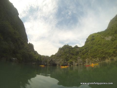 Kayaking out in Ha Long Bay.