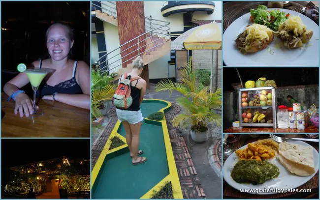 Winning a round of mini golf and enjoying the food and bev.