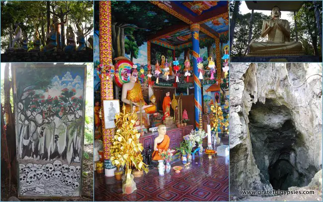 Collage of the killing caves and other Buddha statues on the walk up the hill.
