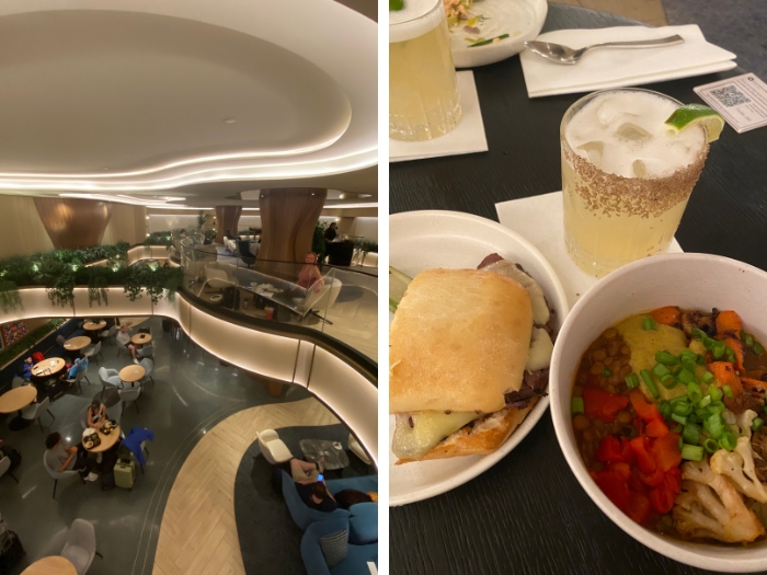 Two side-by-side photos of the Chase Sapphire Lounge at LaGuardia Airport in New York City, showing Rachel seated in the lounge and a selection of food available to guests.