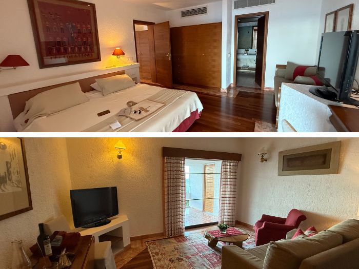 Two photos showing the bedroom and living area of our upgraded suite at Elounda Mare in Crete, Greece.