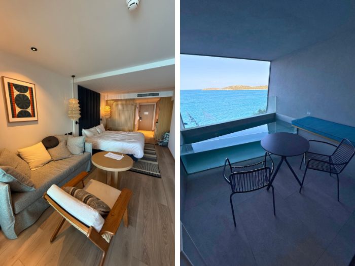Two photos showing a modern hotel room with a sitting area and a private balcony overlooking the sea at InterContinental Crete."