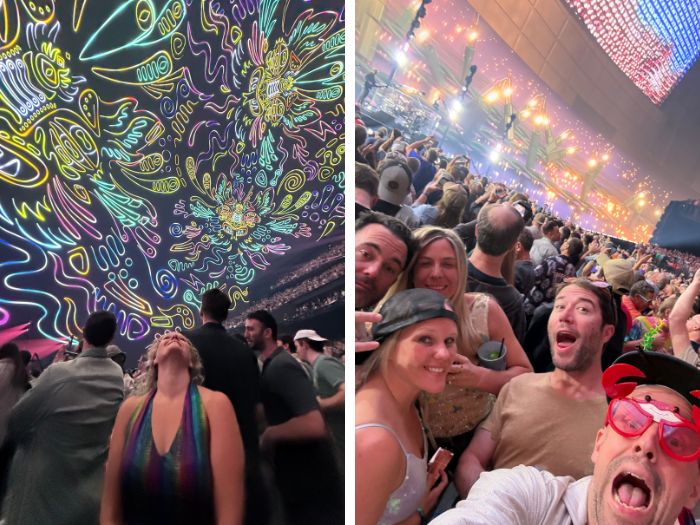 Two side-by-side photos from Phish at Sphere in Las Vegas: Rachel looking up at the massive immersive screens and a group selfie with friends in the pit, with the band and colorful visuals in the background.